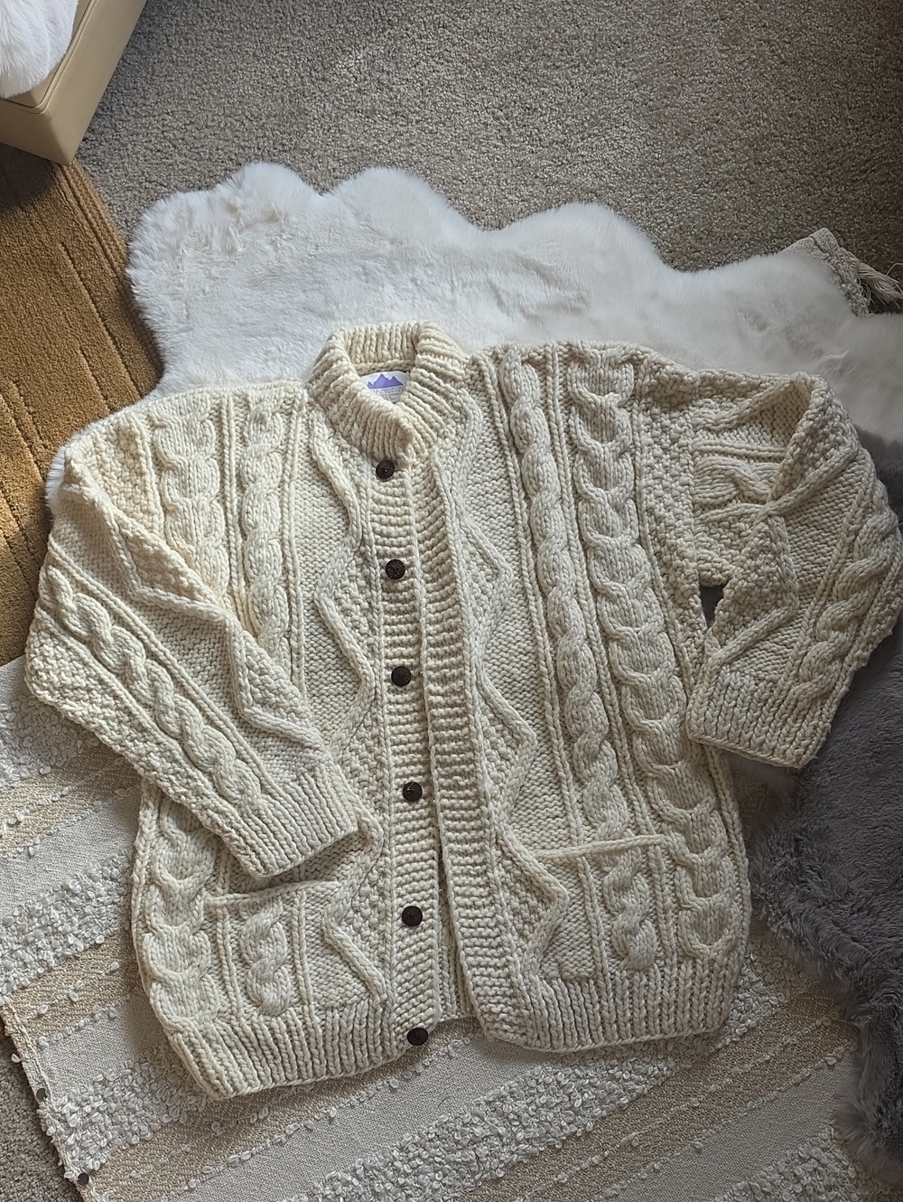 Chunky Cable Hand Knit Wool Cardigan Ivory Cream Wood Button Unisex Sweater